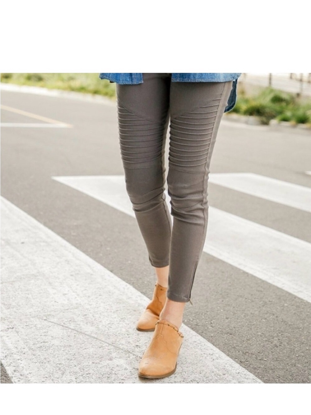 Umgee USA Charcoal Gray Moto Jeggings Ankle Zip Pull-On Skinny NWT Large